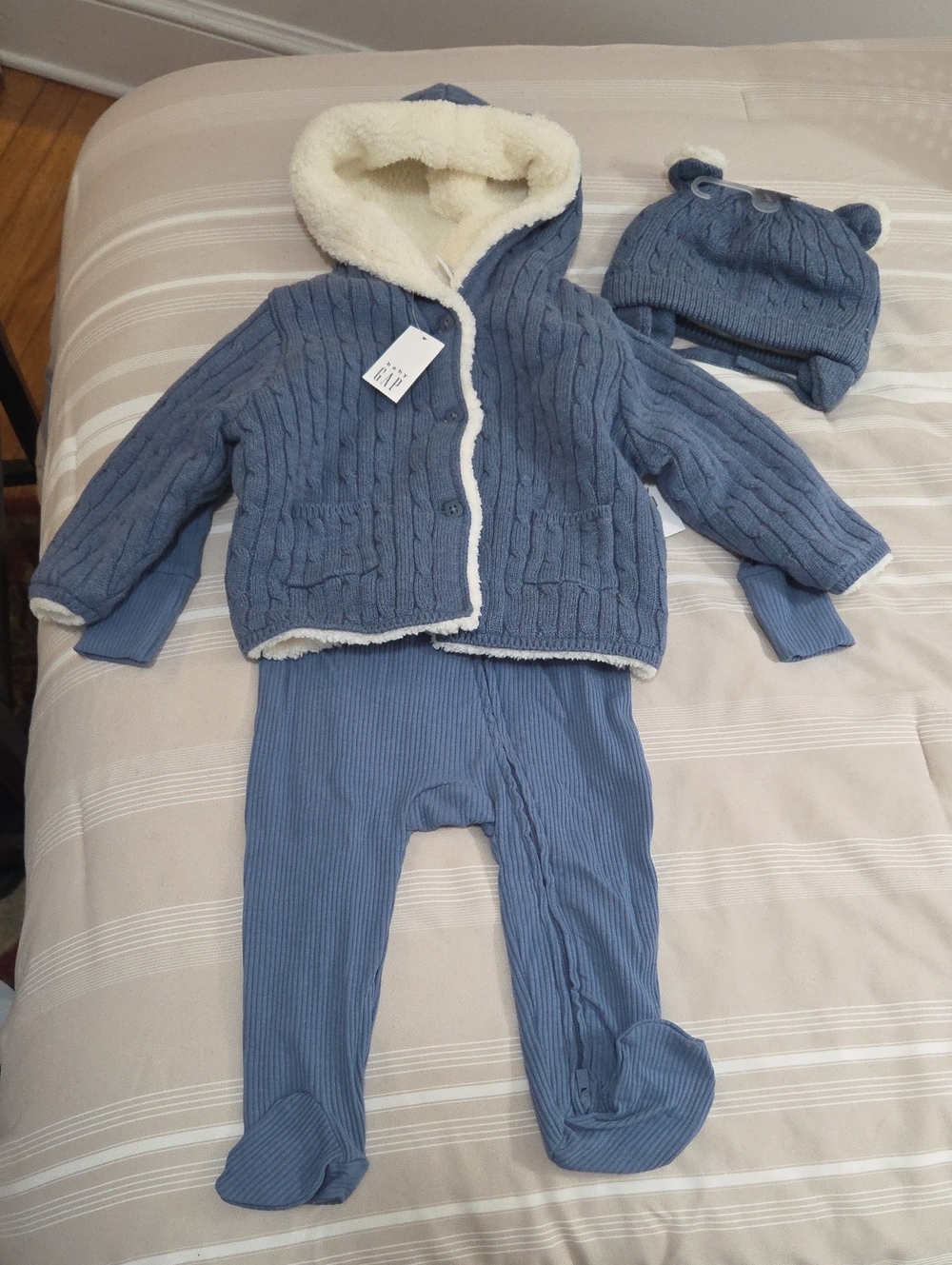 GAP Blue Knit Baby Footie Set with Hooded Jacket and Bear-Ear Hat